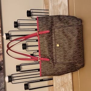 Michael Kors Jet Set Travel Sady Large Top Zip Tote Brown MK Signature Flame Red